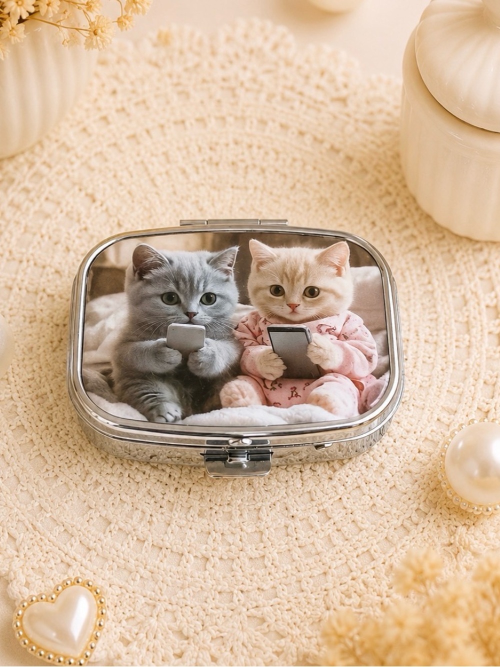 2 Phone Scrolling Kittens Compact Mirror Pill Box/Travel Jewelry Box For Purse